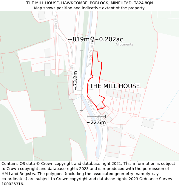 THE MILL HOUSE, HAWKCOMBE, PORLOCK, MINEHEAD, TA24 8QN: Plot and title map