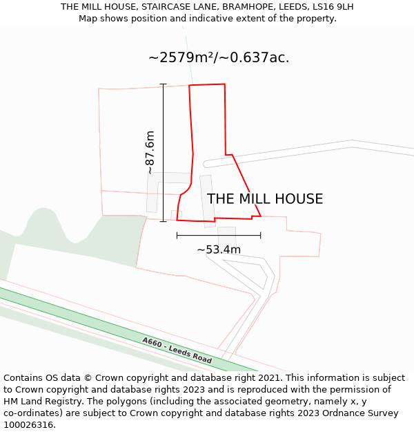 THE MILL HOUSE, STAIRCASE LANE, BRAMHOPE, LEEDS, LS16 9LH: Plot and title map