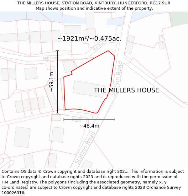THE MILLERS HOUSE, STATION ROAD, KINTBURY, HUNGERFORD, RG17 9UR: Plot and title map