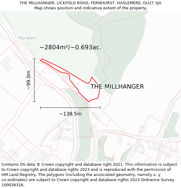 THE MILLHANGER, LICKFOLD ROAD, FERNHURST, HASLEMERE, GU27 3JA: Plot and title map
