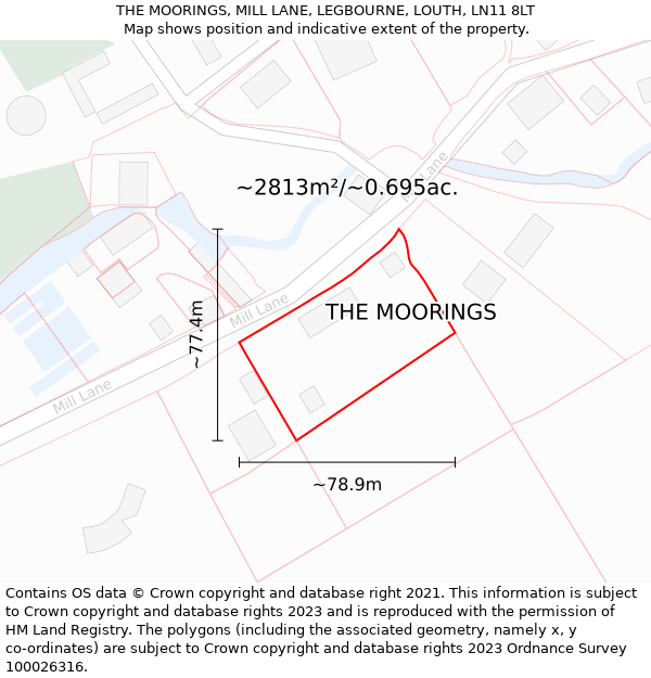 THE MOORINGS, MILL LANE, LEGBOURNE, LOUTH, LN11 8LT: Plot and title map