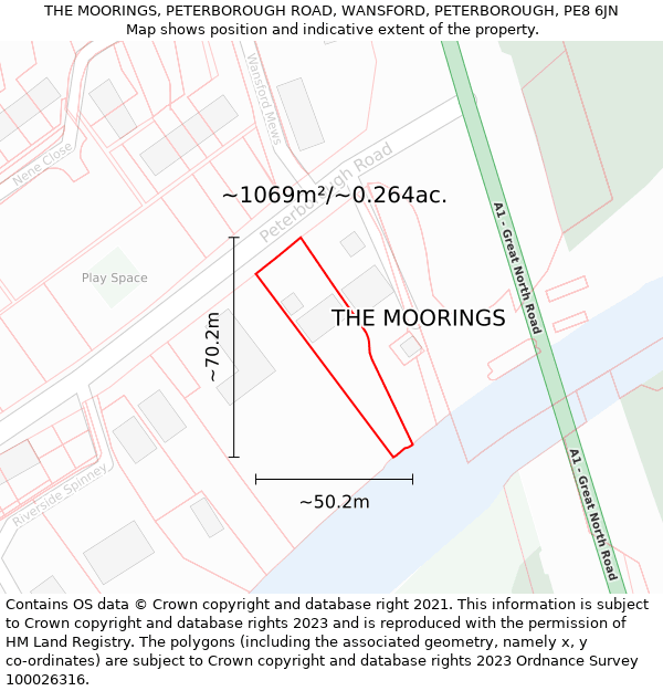 THE MOORINGS, PETERBOROUGH ROAD, WANSFORD, PETERBOROUGH, PE8 6JN: Plot and title map