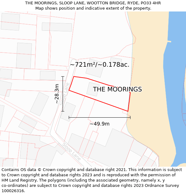 THE MOORINGS, SLOOP LANE, WOOTTON BRIDGE, RYDE, PO33 4HR: Plot and title map