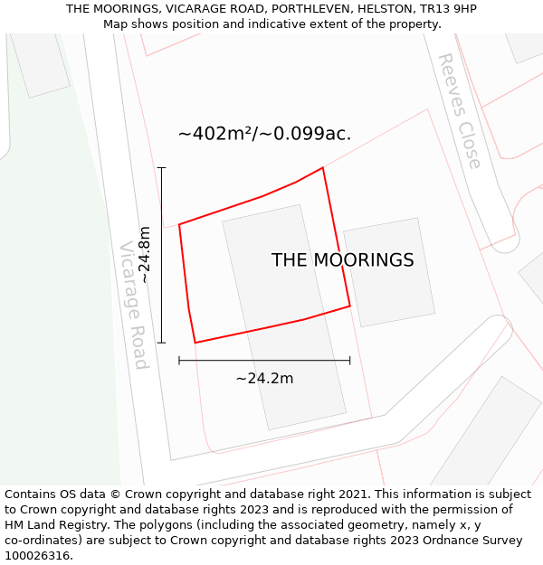 THE MOORINGS, VICARAGE ROAD, PORTHLEVEN, HELSTON, TR13 9HP: Plot and title map
