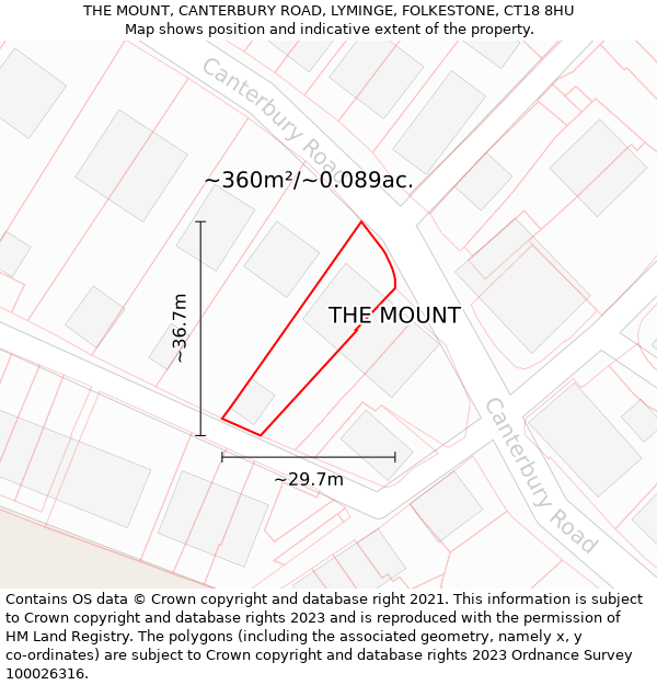 THE MOUNT, CANTERBURY ROAD, LYMINGE, FOLKESTONE, CT18 8HU: Plot and title map