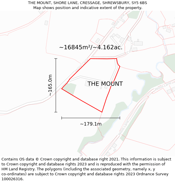 THE MOUNT, SHORE LANE, CRESSAGE, SHREWSBURY, SY5 6BS: Plot and title map