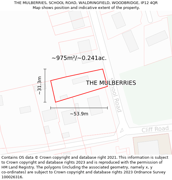 THE MULBERRIES, SCHOOL ROAD, WALDRINGFIELD, WOODBRIDGE, IP12 4QR: Plot and title map