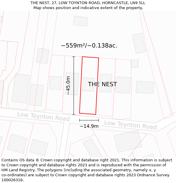 THE NEST, 27, LOW TOYNTON ROAD, HORNCASTLE, LN9 5LL: Plot and title map