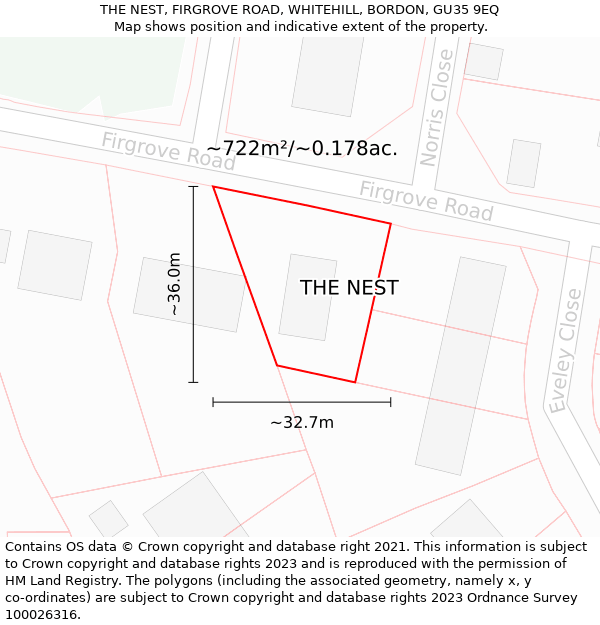 THE NEST, FIRGROVE ROAD, WHITEHILL, BORDON, GU35 9EQ: Plot and title map