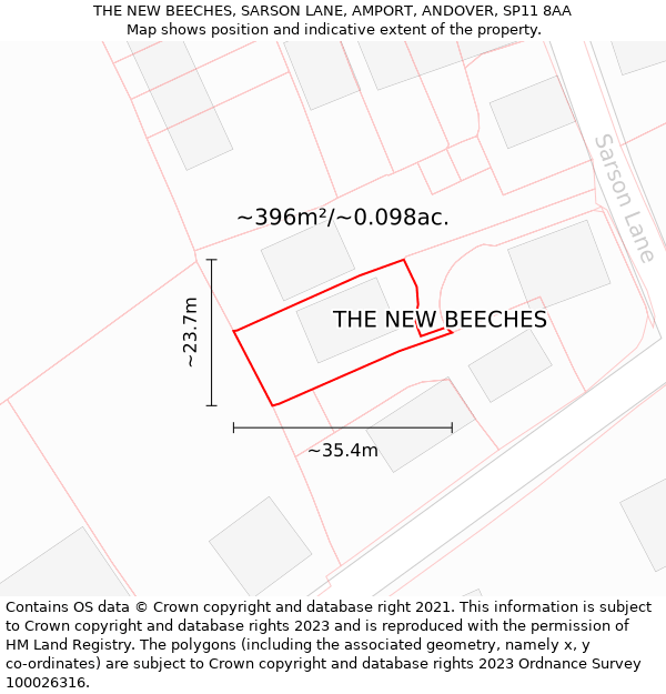 THE NEW BEECHES, SARSON LANE, AMPORT, ANDOVER, SP11 8AA: Plot and title map