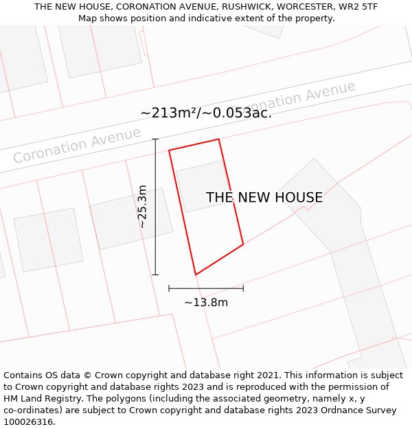 THE NEW HOUSE, CORONATION AVENUE, RUSHWICK, WORCESTER, WR2 5TF: Plot and title map