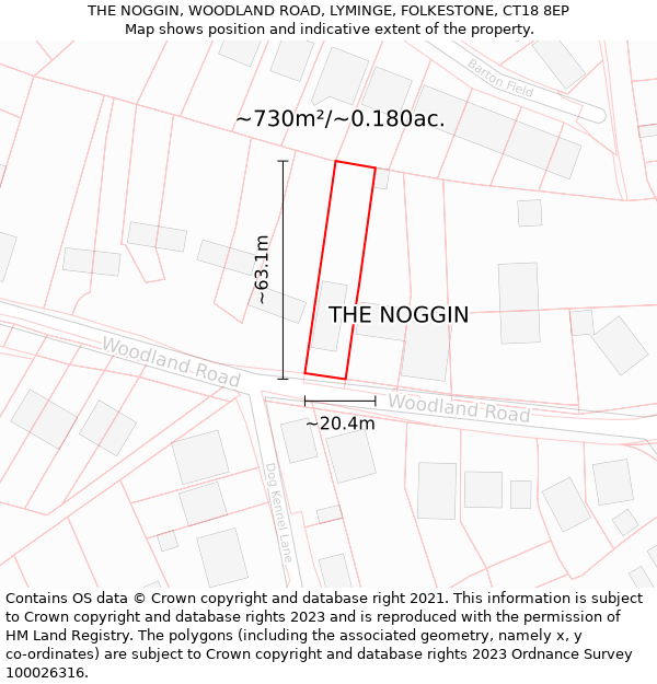 THE NOGGIN, WOODLAND ROAD, LYMINGE, FOLKESTONE, CT18 8EP: Plot and title map