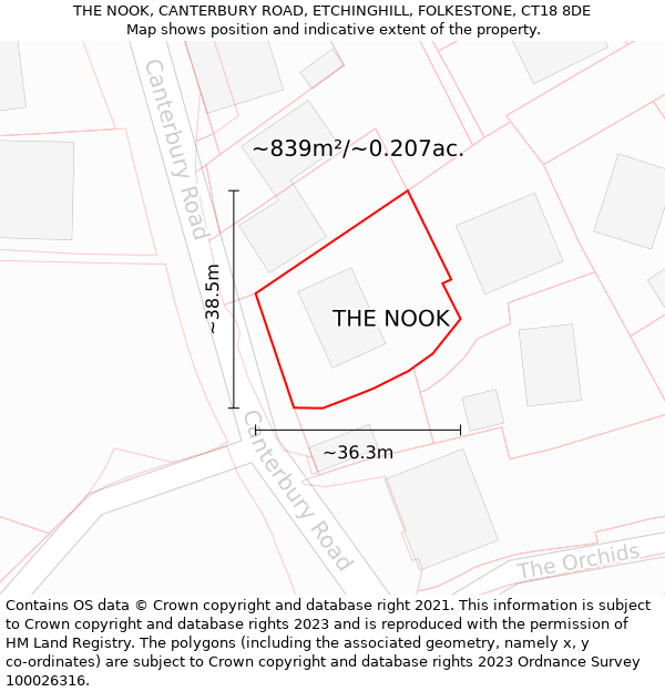 THE NOOK, CANTERBURY ROAD, ETCHINGHILL, FOLKESTONE, CT18 8DE: Plot and title map