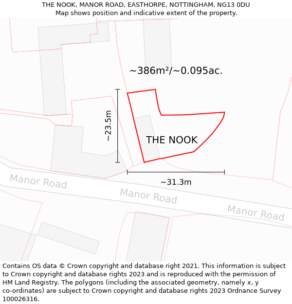 THE NOOK, MANOR ROAD, EASTHORPE, NOTTINGHAM, NG13 0DU: Plot and title map