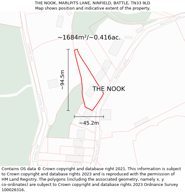 THE NOOK, MARLPITS LANE, NINFIELD, BATTLE, TN33 9LD: Plot and title map