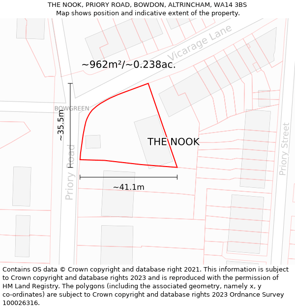 THE NOOK, PRIORY ROAD, BOWDON, ALTRINCHAM, WA14 3BS: Plot and title map