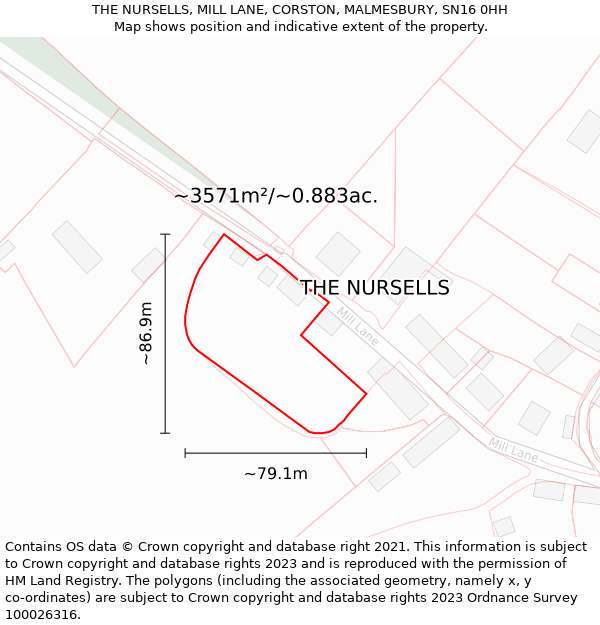 THE NURSELLS, MILL LANE, CORSTON, MALMESBURY, SN16 0HH: Plot and title map