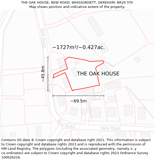 THE OAK HOUSE, NEW ROAD, WHISSONSETT, DEREHAM, NR20 5TA: Plot and title map