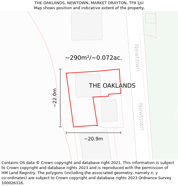 THE OAKLANDS, NEWTOWN, MARKET DRAYTON, TF9 1JU: Plot and title map
