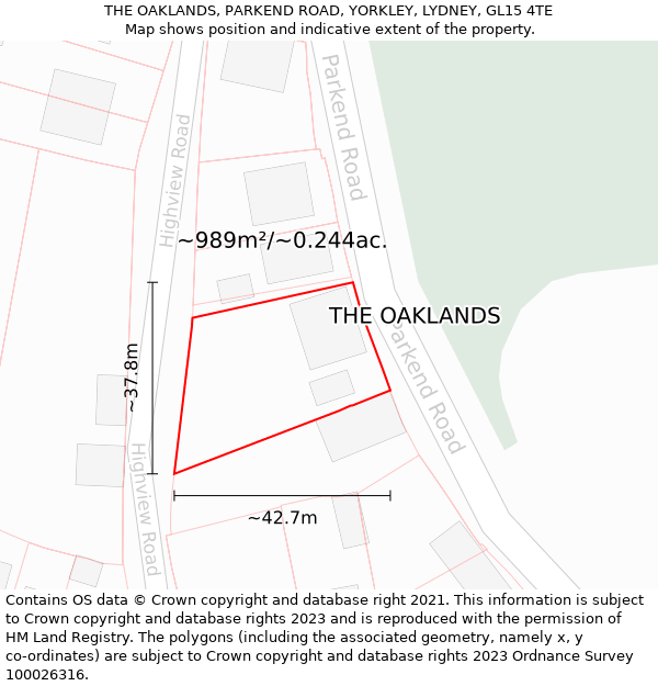THE OAKLANDS, PARKEND ROAD, YORKLEY, LYDNEY, GL15 4TE: Plot and title map