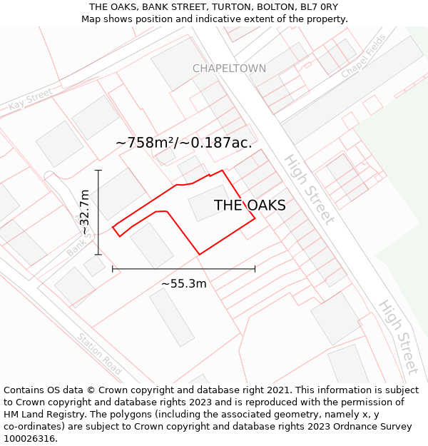 THE OAKS, BANK STREET, TURTON, BOLTON, BL7 0RY: Plot and title map