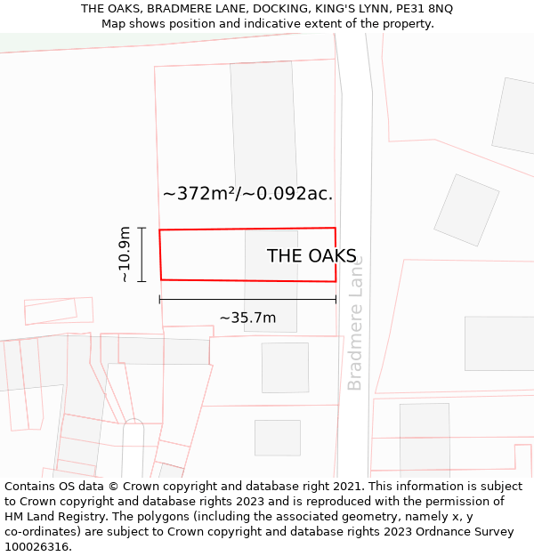 THE OAKS, BRADMERE LANE, DOCKING, KING'S LYNN, PE31 8NQ: Plot and title map