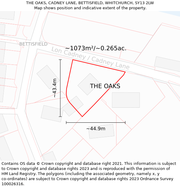 THE OAKS, CADNEY LANE, BETTISFIELD, WHITCHURCH, SY13 2LW: Plot and title map