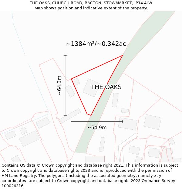 THE OAKS, CHURCH ROAD, BACTON, STOWMARKET, IP14 4LW: Plot and title map