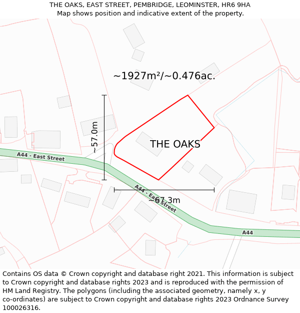 THE OAKS, EAST STREET, PEMBRIDGE, LEOMINSTER, HR6 9HA: Plot and title map