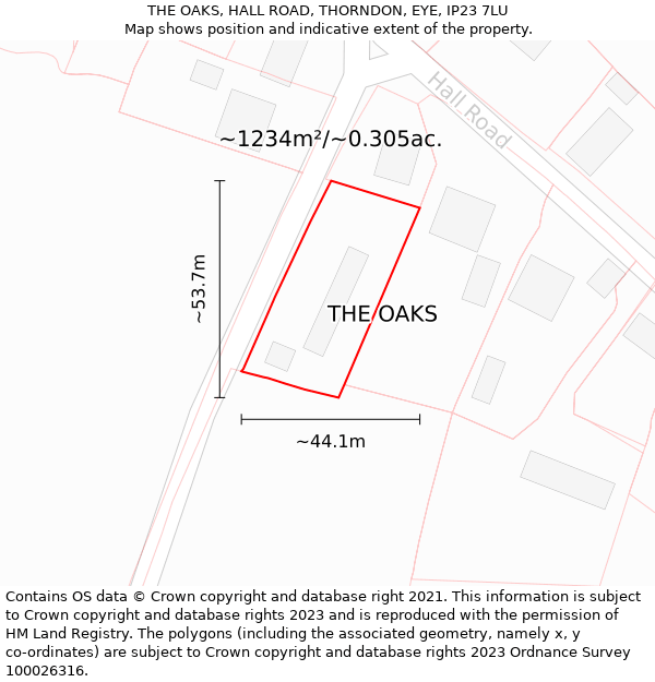 THE OAKS, HALL ROAD, THORNDON, EYE, IP23 7LU: Plot and title map