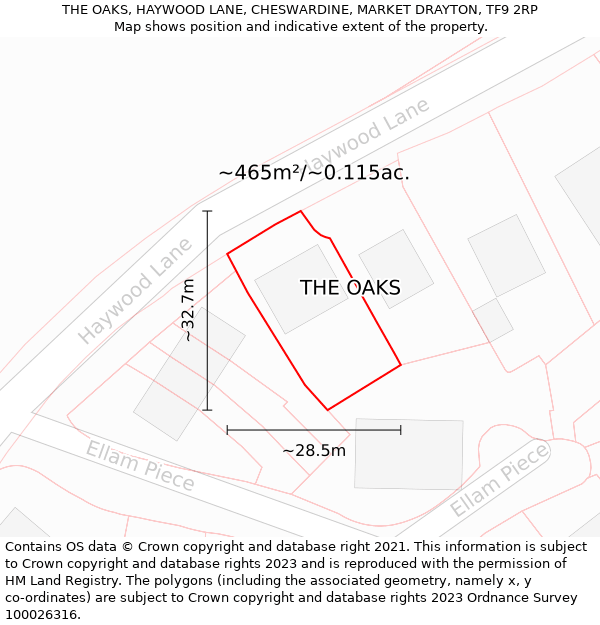 THE OAKS, HAYWOOD LANE, CHESWARDINE, MARKET DRAYTON, TF9 2RP: Plot and title map