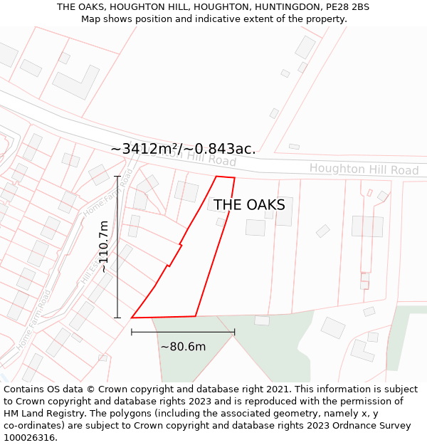 THE OAKS, HOUGHTON HILL, HOUGHTON, HUNTINGDON, PE28 2BS: Plot and title map