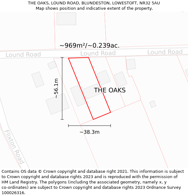 THE OAKS, LOUND ROAD, BLUNDESTON, LOWESTOFT, NR32 5AU: Plot and title map