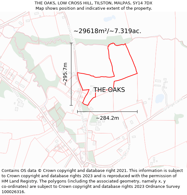 THE OAKS, LOW CROSS HILL, TILSTON, MALPAS, SY14 7DX: Plot and title map