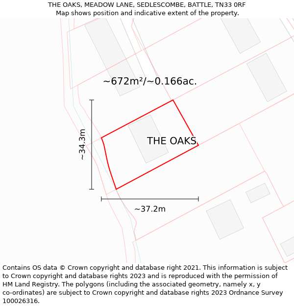 THE OAKS, MEADOW LANE, SEDLESCOMBE, BATTLE, TN33 0RF: Plot and title map