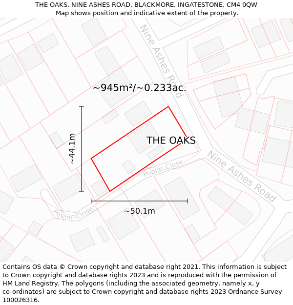 THE OAKS, NINE ASHES ROAD, BLACKMORE, INGATESTONE, CM4 0QW: Plot and title map