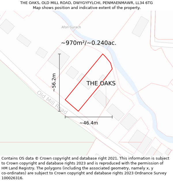 THE OAKS, OLD MILL ROAD, DWYGYFYLCHI, PENMAENMAWR, LL34 6TG: Plot and title map