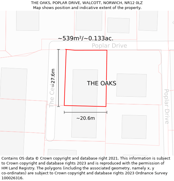 THE OAKS, POPLAR DRIVE, WALCOTT, NORWICH, NR12 0LZ: Plot and title map