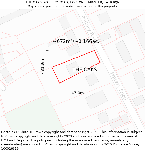 THE OAKS, POTTERY ROAD, HORTON, ILMINSTER, TA19 9QN: Plot and title map