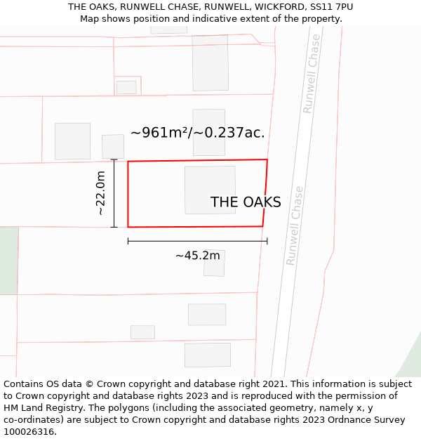 THE OAKS, RUNWELL CHASE, RUNWELL, WICKFORD, SS11 7PU: Plot and title map