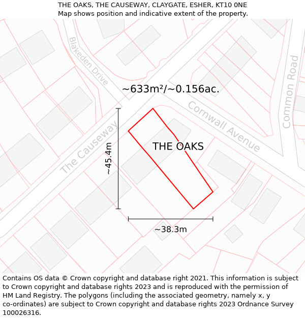 THE OAKS, THE CAUSEWAY, CLAYGATE, ESHER, KT10 0NE: Plot and title map