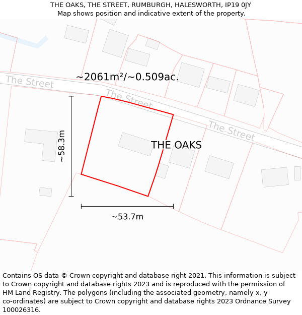 THE OAKS, THE STREET, RUMBURGH, HALESWORTH, IP19 0JY: Plot and title map