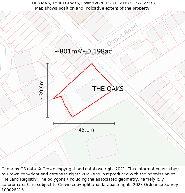 THE OAKS, TY R EGLWYS, CWMAVON, PORT TALBOT, SA12 9BD: Plot and title map