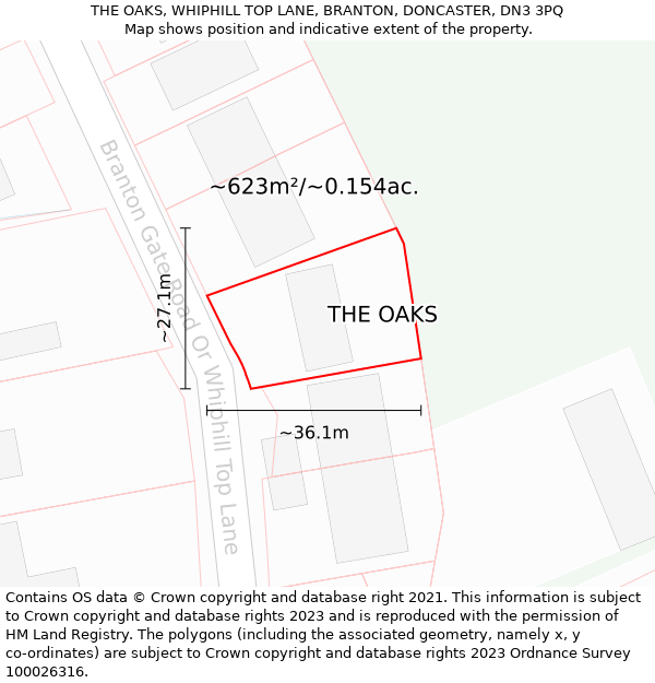 THE OAKS, WHIPHILL TOP LANE, BRANTON, DONCASTER, DN3 3PQ: Plot and title map