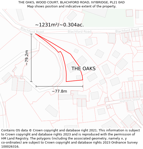 THE OAKS, WOOD COURT, BLACHFORD ROAD, IVYBRIDGE, PL21 0AD: Plot and title map