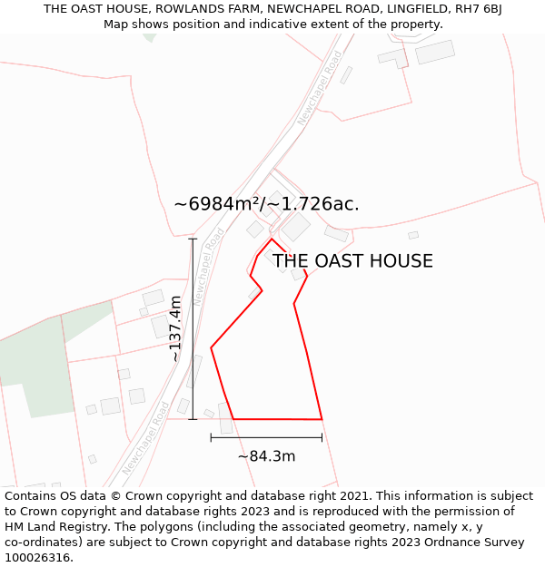 THE OAST HOUSE, ROWLANDS FARM, NEWCHAPEL ROAD, LINGFIELD, RH7 6BJ: Plot and title map