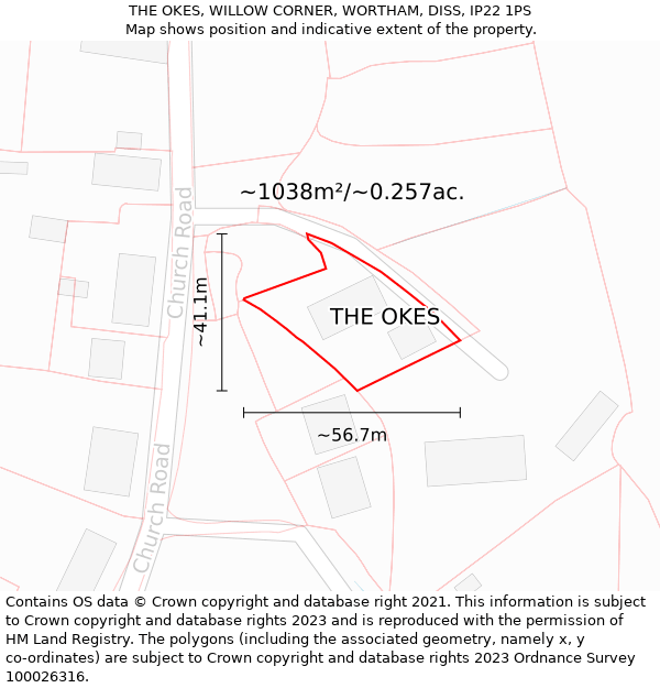 THE OKES, WILLOW CORNER, WORTHAM, DISS, IP22 1PS: Plot and title map