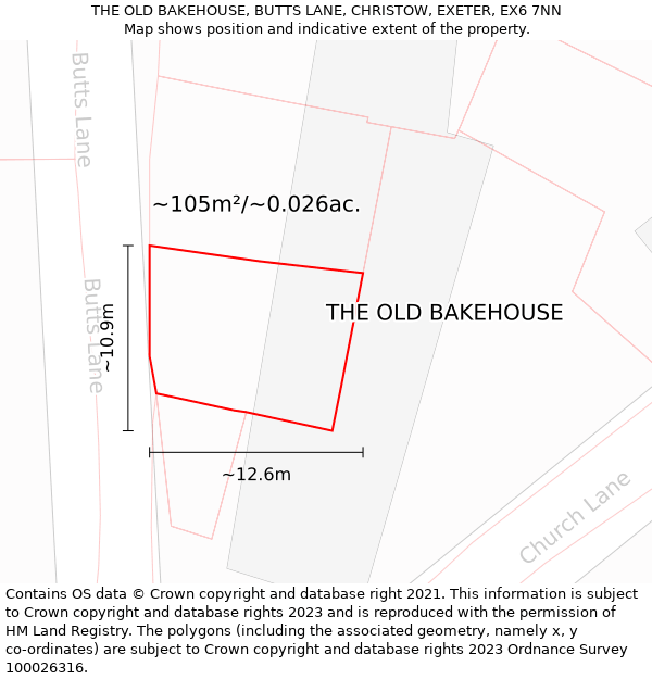 THE OLD BAKEHOUSE, BUTTS LANE, CHRISTOW, EXETER, EX6 7NN: Plot and title map