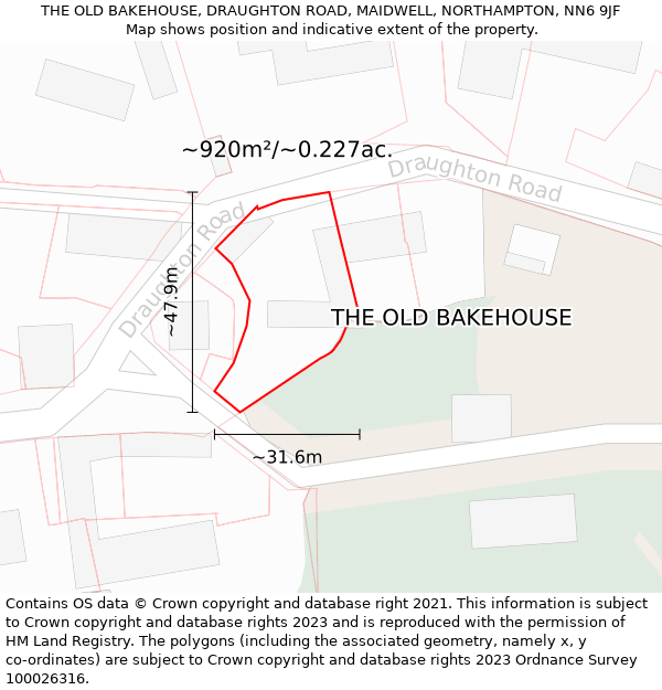 THE OLD BAKEHOUSE, DRAUGHTON ROAD, MAIDWELL, NORTHAMPTON, NN6 9JF: Plot and title map