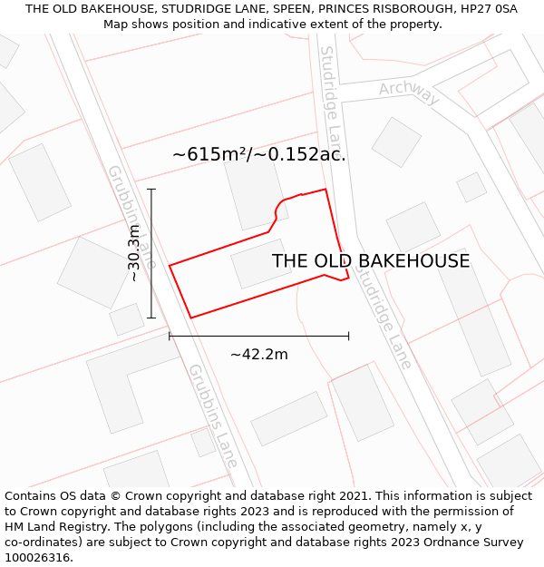 THE OLD BAKEHOUSE, STUDRIDGE LANE, SPEEN, PRINCES RISBOROUGH, HP27 0SA: Plot and title map